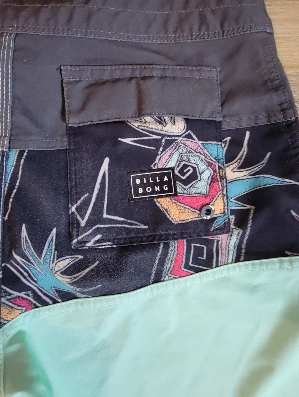 Billabong Men's Aqua Panel Boardshorts with Black Pattern Waist